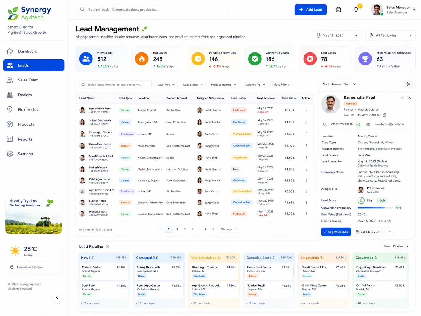 Agritech lead management CRM interface by TechX Solutions
