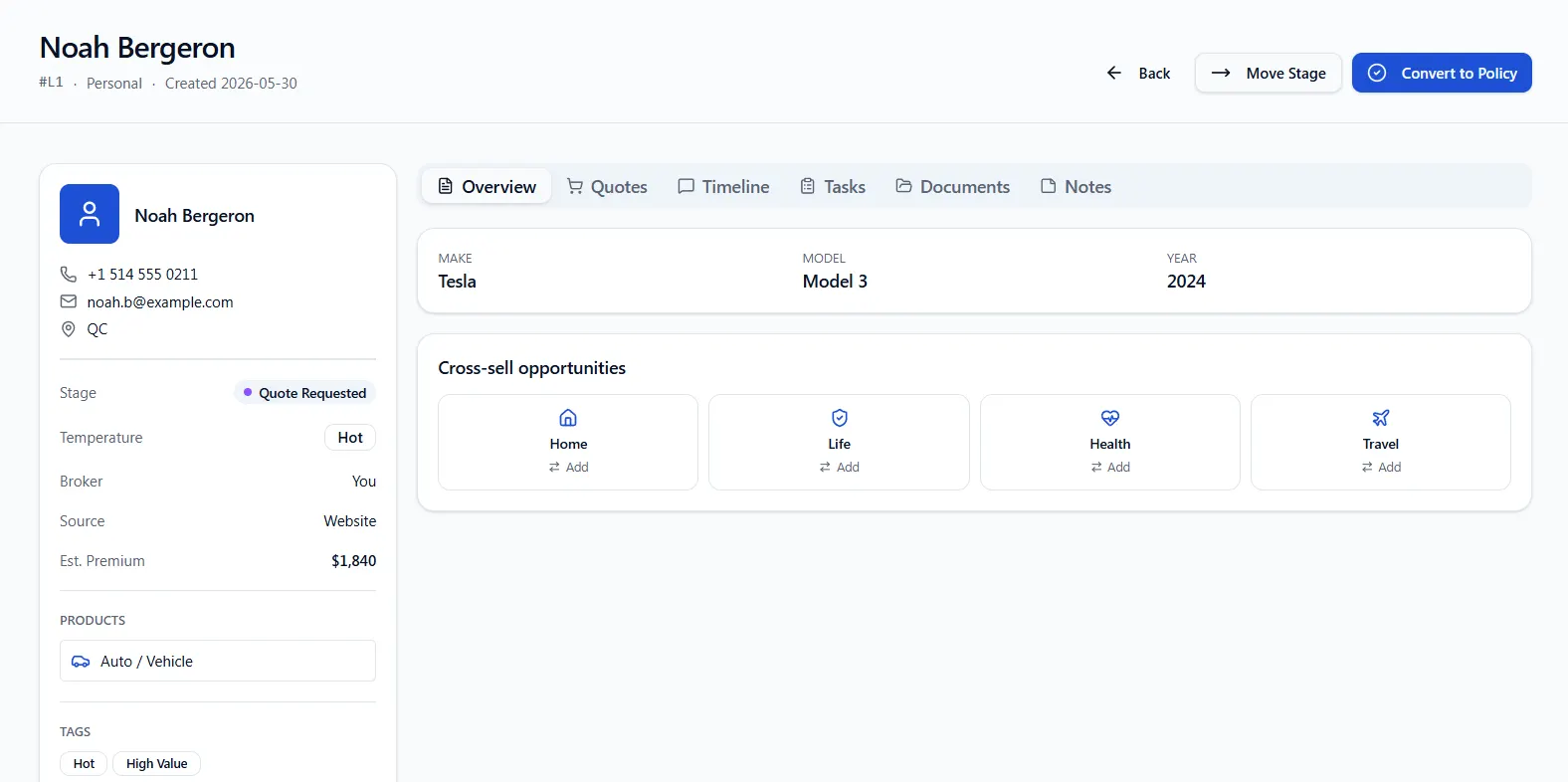 Lead pipeline management and quote comparison interface for insurance sales teams by TechX Solutions